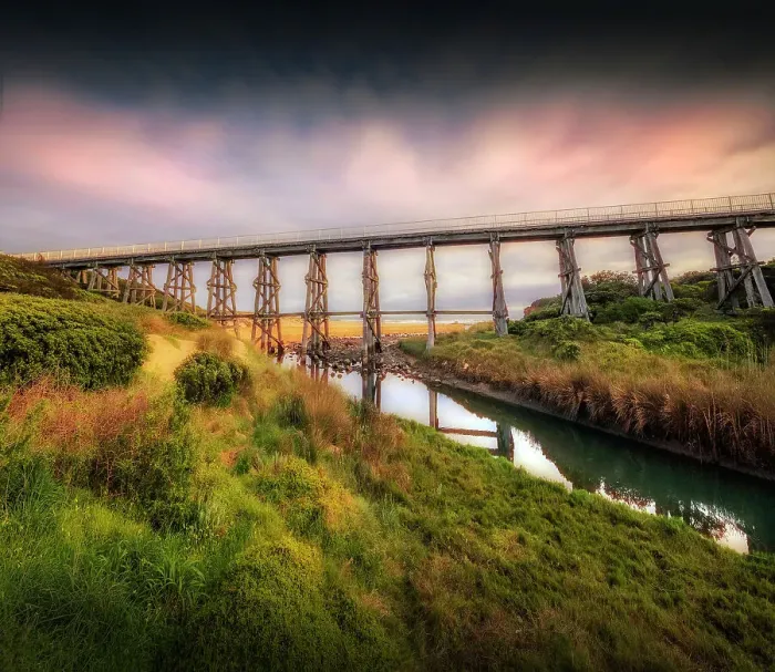 Framed Print : Old Trestle Bridge on the coastline at Kilcunda near San Remo, Bass Coast, Victoria, Australia