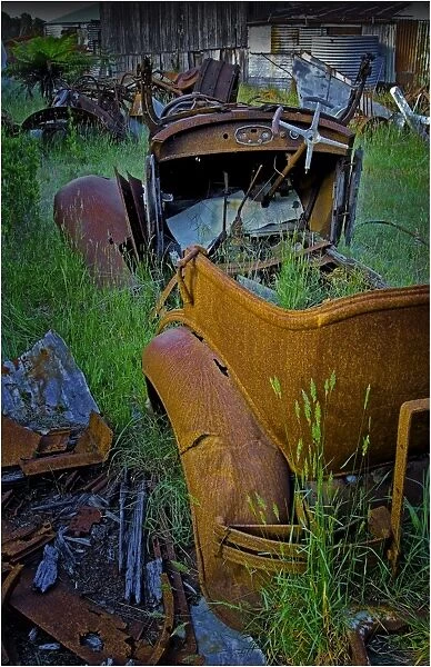 Old vehicles rusting away at Badgers corner, Flinders Island, Bass Strait, Tasmania, Australia
