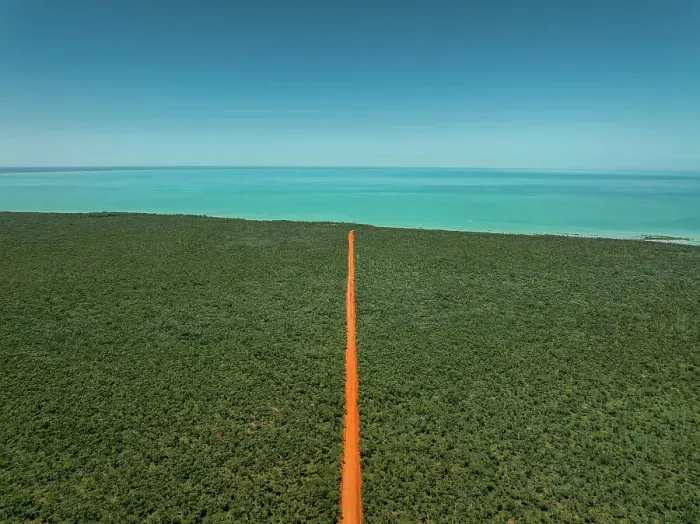 Framed Print : Orange coloured dirt road heading towards the Indian Ocean photographed from an aerial perspective on a sunny day, Western Australia, Australia Framed Print : Orange coloured dirt road heading towards the Indian Ocean photographed from an aerial perspective on a sunny day, Western Australia, Australia