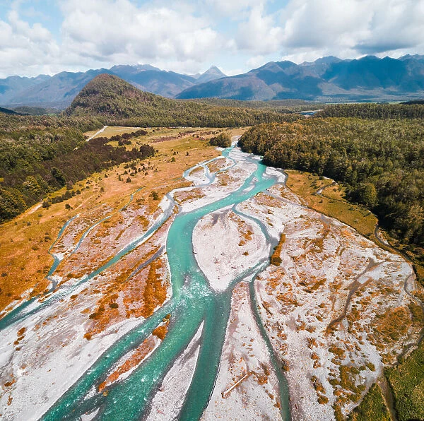 Overhead view of Maruia River, South Island, New Zealand