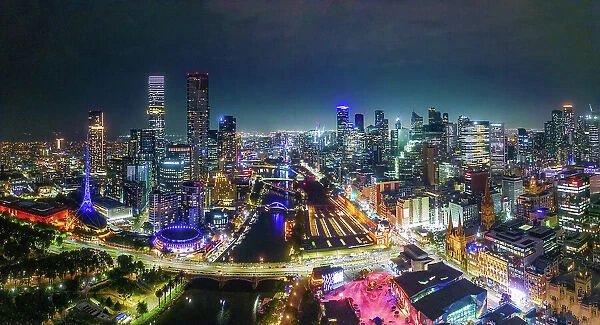 Panorama Aerial view Scene of Central Business District of Melbourne City with Various Bridge, Modern Office Building, and Yarra River at night time, Melbourne
