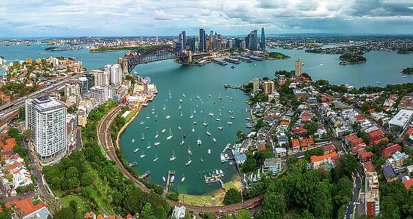 Panorama Aerial view Scene of Lavender Bay, Sydney Harbour Bridge, Circular Quay and Sydney Daring Habor Office and Luxury Building group