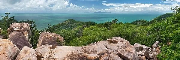 Panorama of the coast and granite rocks, nature, landscape, eucalyptus, sea, Pacific Ocean on the tropical island Magnetic Island, Queensland, Australia, Oceania