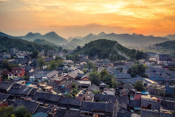 Panoramic sunset photo of Qingyan historic town