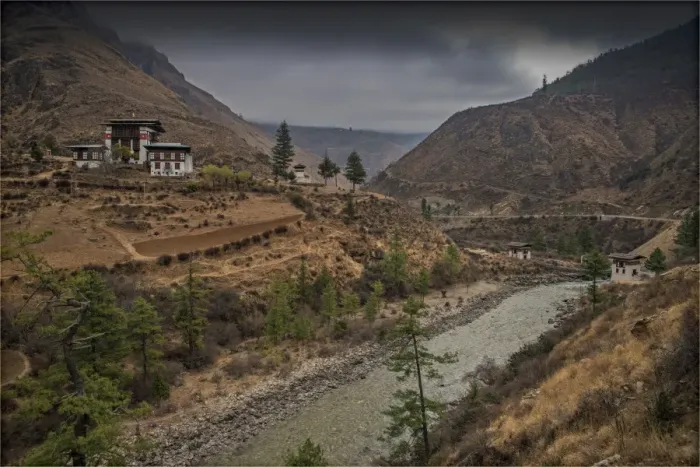 Framed Print : Paro river and Temple view, Bhutan Framed Print : Paro river and Temple view, Bhutan