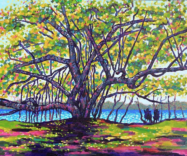 People Looking at Seaside View from Under a Large Tree with Dappled Sunlight Acrylic Painting