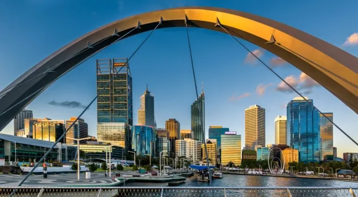 Framed Print : Perth Skyline from Cable-stayed pedestrian bridge Framed Print : Perth Skyline from Cable-stayed pedestrian bridge