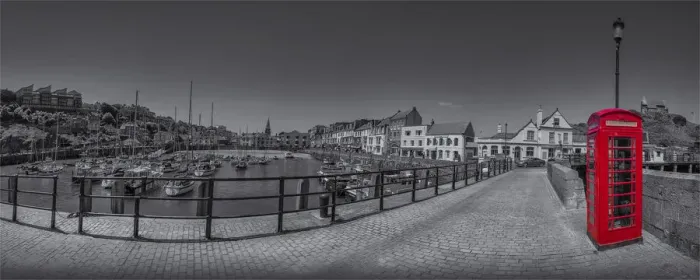 Framed Print : Phone booth at Ilfracombe harbour