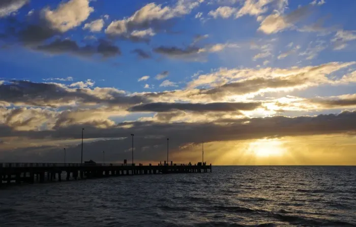 Framed Print : Pier at sunrise
