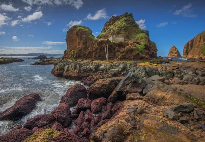 Framed Print : The precarious Landing Place for getting onto Phillip Island, a tiny offshore islet off the coast of Norfolk Island Framed Print : The precarious Landing Place for getting onto Phillip Island, a tiny offshore islet off the coast of Norfolk Island