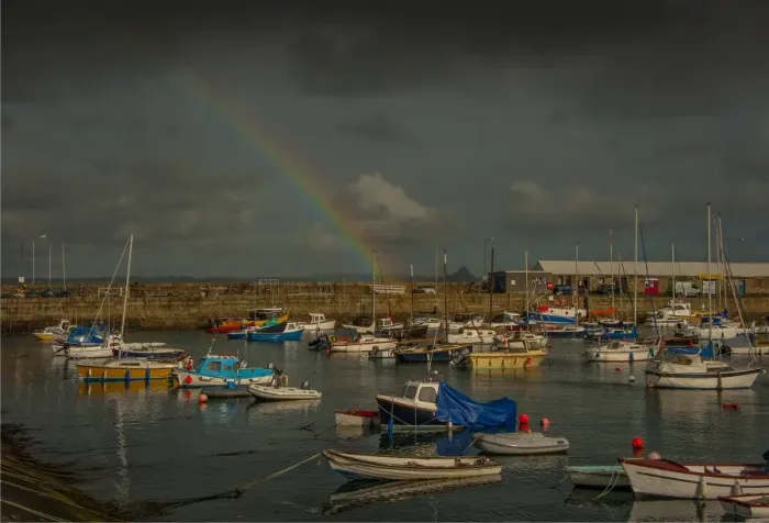 Framed Print : Rainbow over the harbour at Penzance, Cornwall, England, United Kingdom Framed Print : Rainbow over the harbour at Penzance, Cornwall, England, United Kingdom