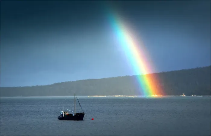 Framed Print : Rainbow during a storm at Dover, in the southern area of the island state, Tasmania, Australia Framed Print : Rainbow during a storm at Dover, in the southern area of the island state, Tasmania, Australia