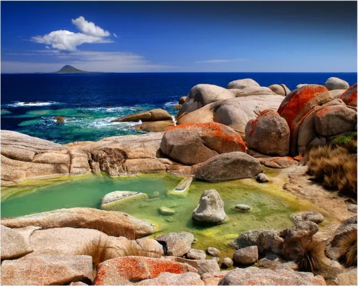 Framed Print : Red coloured boulders, caused by lichen growing at the high tide mark on Flinders Island, Bass Strait, Tasmania, Australia Framed Print : Red coloured boulders, caused by lichen growing at the high tide mark on Flinders Island, Bass Strait, Tasmania, Australia
