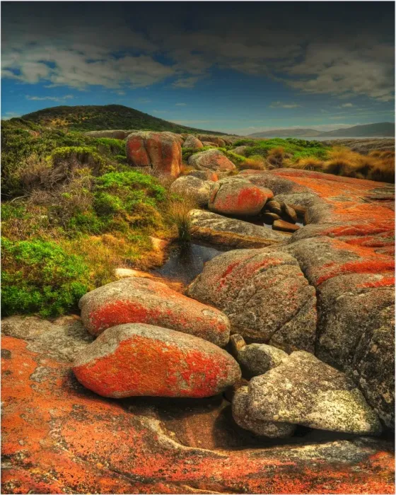 Framed Print : Red, lichen coloured boulders, so typical of Flinders Island, part of the Furneaux group, eastern Bass Strait, Tasmania Framed Print : Red, lichen coloured boulders, so typical of Flinders Island, part of the Furneaux group, eastern Bass Strait, Tasmania