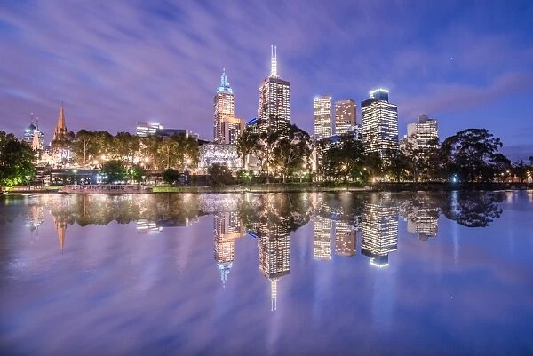 The reflection of Melbourne cityscape at dusk