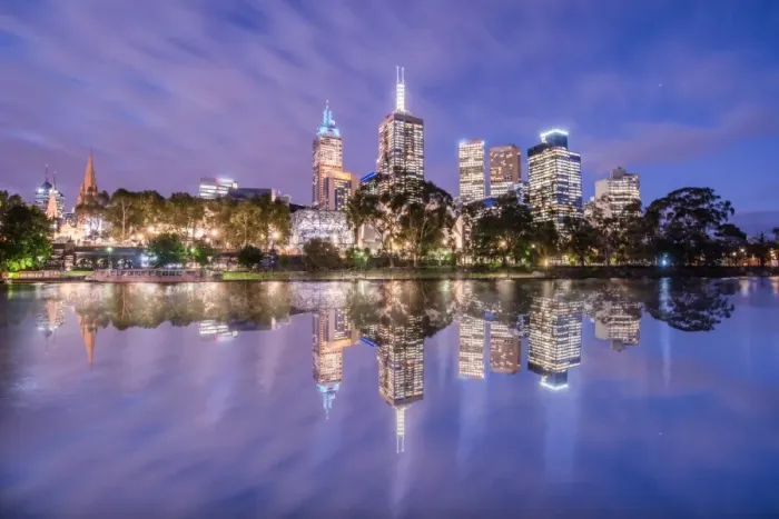 Framed Print : The reflection of Melbourne cityscape at dusk