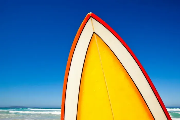 Framed Print : Retro surf board at beach, Australia