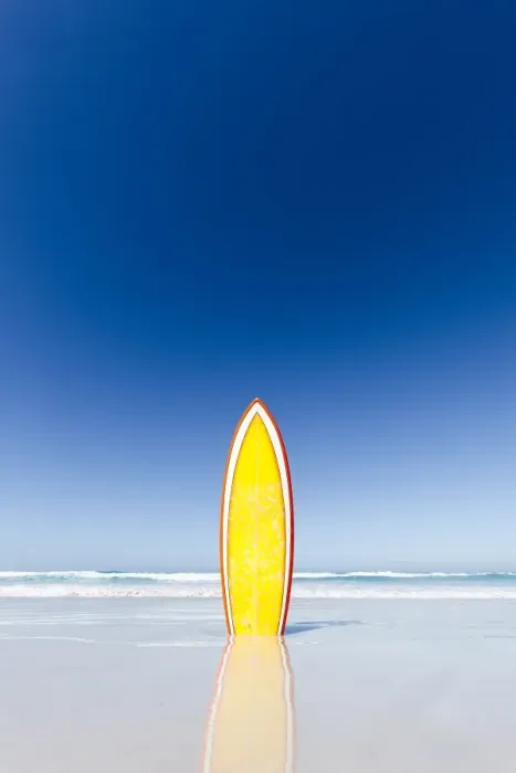 Framed Print : Retro yellow surf board and blue sky. Australia Framed Print : Retro yellow surf board and blue sky. Australia