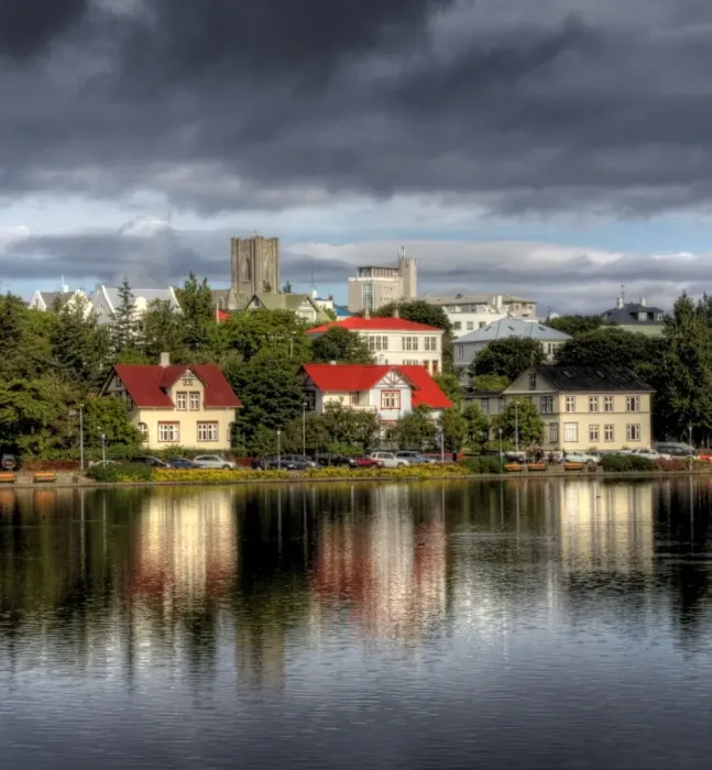 Framed Print : Reykjavik central pond old district reflections