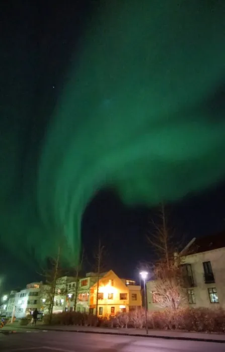 Framed Print : Reykjavik modern architecture apartment blocks and aurora borealis northern lights