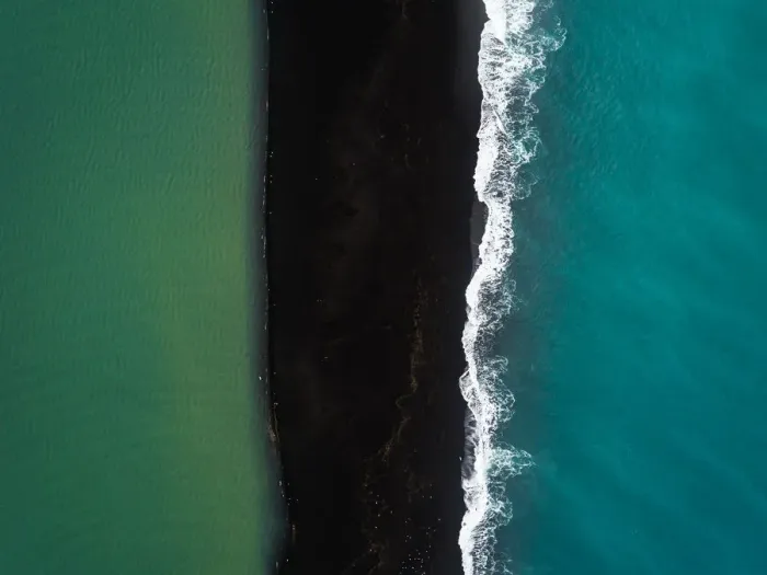 Framed Print : River, black beach and ocean, Iceland