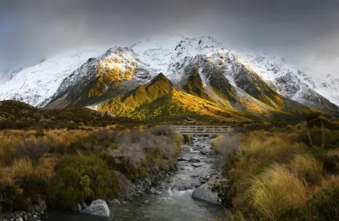 Framed Print : River bridge snow mountains sunshine Framed Print : River bridge snow mountains sunshine