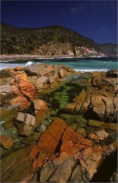 Rocky coastline, Freycinet Peninsular, east coastline of Tasmania, Australia