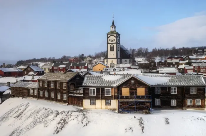 Framed Print : Roros old mining town with church hill in winter Framed Print : Roros old mining town with church hill in winter