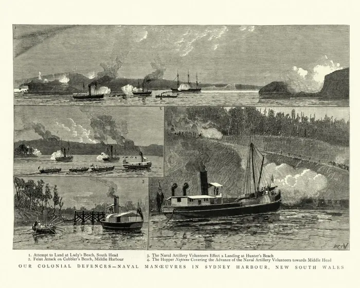 Framed Print : Royal navy manoeuvres in Sydney Harbour, New South Wales, 1880s