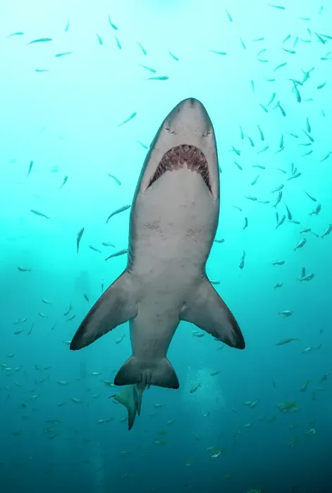 Framed Print : Sand tiger shark, or grey nurse shark, swimming amongst a large school of fish at the shallow entrance to Fish Rock Cave in South West Rocks, NSW, Australia Framed Print : Sand tiger shark, or grey nurse shark, swimming amongst a large school of fish at the shallow entrance to Fish Rock Cave in South West Rocks, NSW, Australia