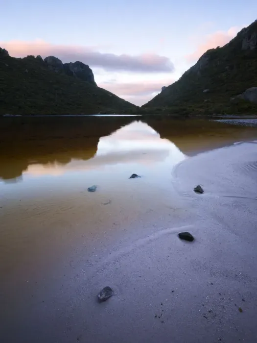 Framed Print : The sandy shores of Lake Cygnus, Southwest National Park, Tasmania, Australia