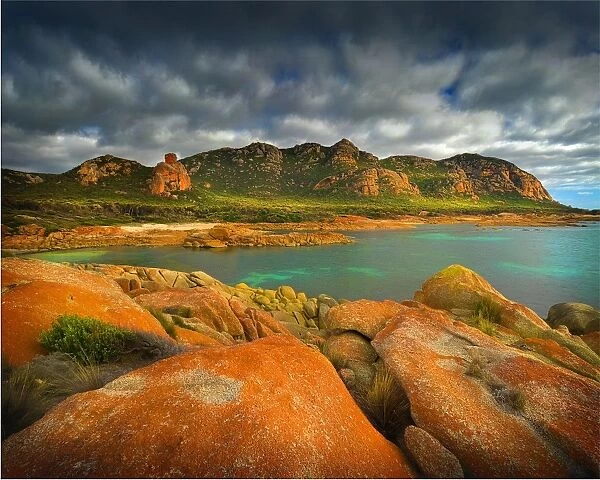 A scenic view at the Docks, a colourful area of coastline on Flinders Island, part of the Furneaux group, eastern Bass Strait, Tasmania