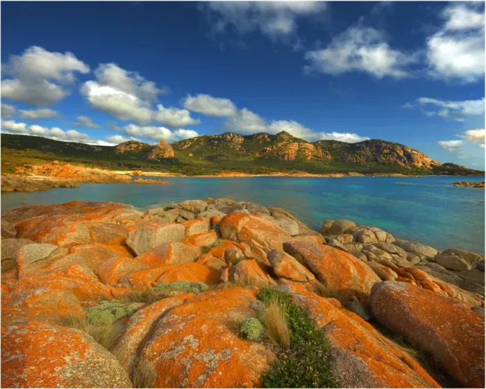 Framed Print : A scenic view at the Docks, a colourful area of coastline on Flinders Island, part of the Furneaux group, eastern Bass Strait, Tasmania Framed Print : A scenic view at the Docks, a colourful area of coastline on Flinders Island, part of the Furneaux group, eastern Bass Strait, Tasmania