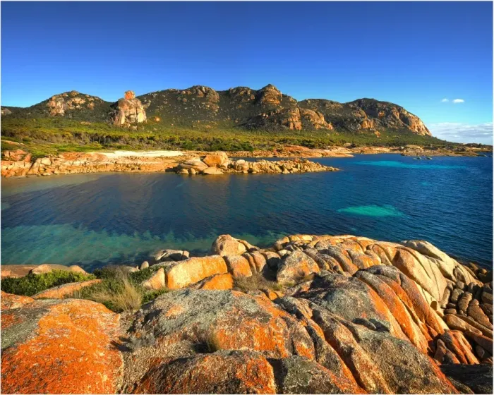 Framed Print : A scenic view at the Docks, a colourful area of coastline on Flinders Island, part of the Furneaux group, eastern Bass Strait, Tasmania Framed Print : A scenic view at the Docks, a colourful area of coastline on Flinders Island, part of the Furneaux group, eastern Bass Strait, Tasmania
