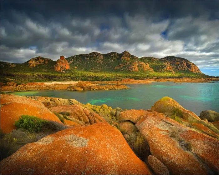 Framed Print : A scenic view at the Docks, a colourful area of coastline on Flinders Island, part of the Furneaux group, eastern Bass Strait, Tasmania Framed Print : A scenic view at the Docks, a colourful area of coastline on Flinders Island, part of the Furneaux group, eastern Bass Strait, Tasmania