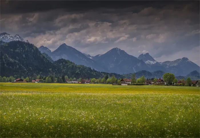 Framed Print : Scenic view of farmland and mountains, Neuschwantein, Bavaria, Germany