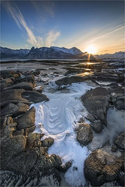 A scenic viewpoint in winter near Vestagoya, on the Lofoten Peninsular, Norway