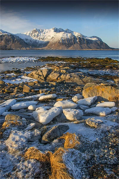 A scenic viewpoint in winter near Vestagoya, on the Lofoten Peninsular, Norway