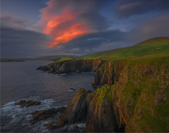 Framed Print : Scousburgh coastline at Dusk, Shetland Islands, Scotland, United Kingdom
