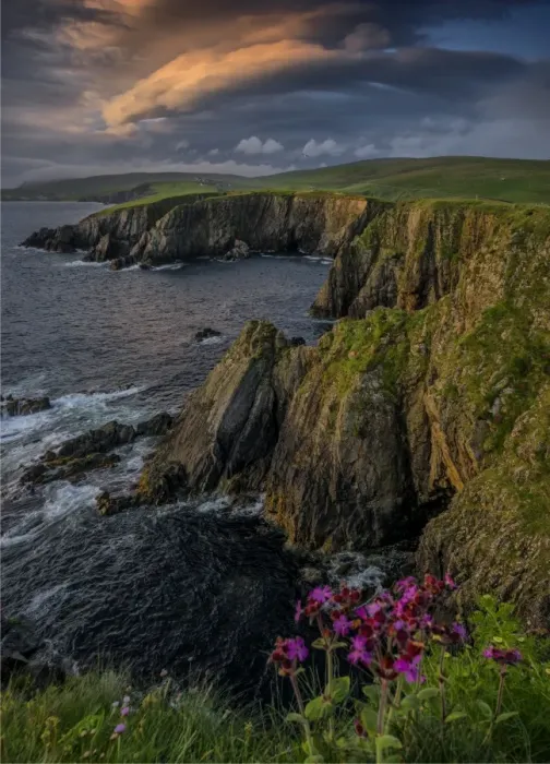 Framed Print : Scousburgh coastline at Dusk, Shetland Islands, Scotland, United Kingdom