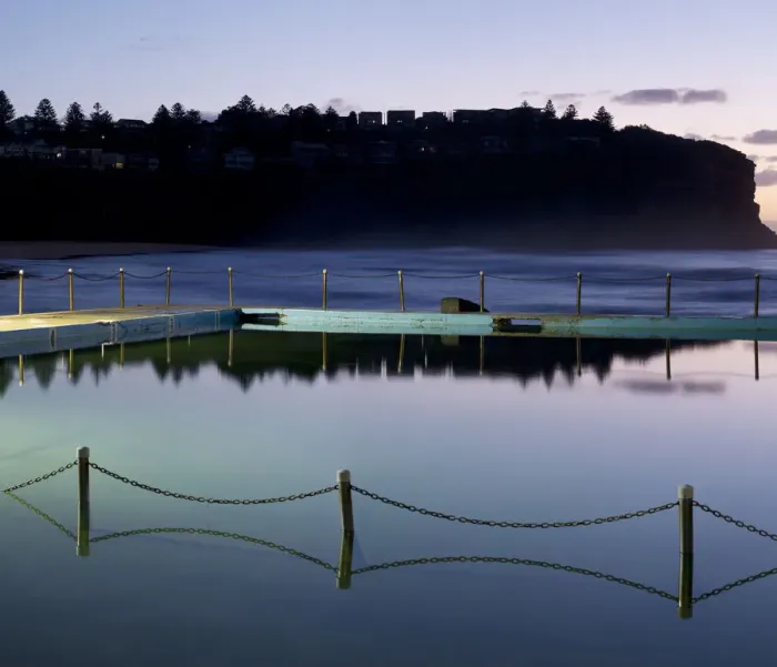 Framed Print : Sea Pool with chain fence reflecting in the still sea water Bilgola New South Wales Australia Framed Print : Sea Pool with chain fence reflecting in the still sea water Bilgola New South Wales Australia