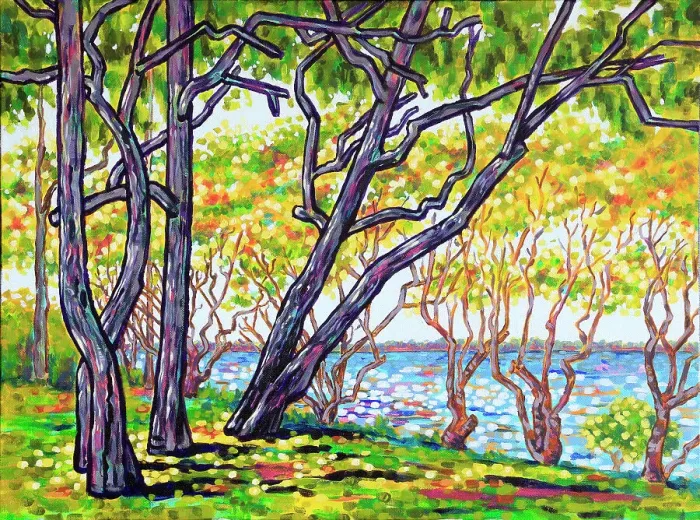 Framed Print : Seaside View through Large and Small Trees with Dappled Sunlight Acrylic Painting Framed Print : Seaside View through Large and Small Trees with Dappled Sunlight Acrylic Painting