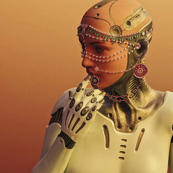 Sensual female robot wearing jewellery