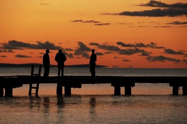 Silhouetted people on pier at sunset