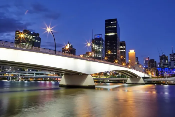 Framed Print : Skyline of Brisbanes Central Business District with Victoria Bridge at night