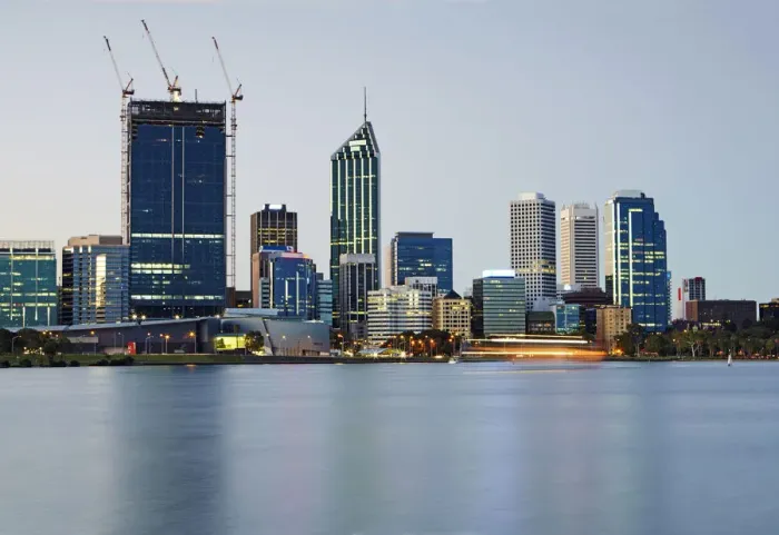 Framed Print : Skyline of the business district of Perth with Swan River Framed Print : Skyline of the business district of Perth with Swan River