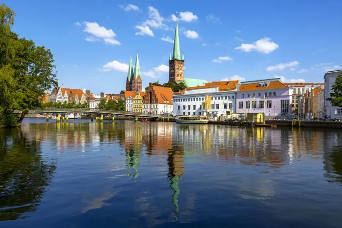 Framed Print : Skyline of Lubeck Along River Trave, Schleswig-Holstein, Germany Framed Print : Skyline of Lubeck Along River Trave, Schleswig-Holstein, Germany