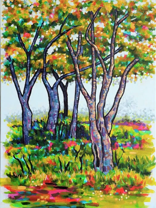 Framed Print : A Small Group of Trees in a Lush Garden, Original Painting Framed Print : A Small Group of Trees in a Lush Garden, Original Painting