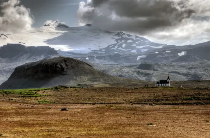Framed Print : Snaefellsjokull volcano glacier and Hellnar church Framed Print : Snaefellsjokull volcano glacier and Hellnar church