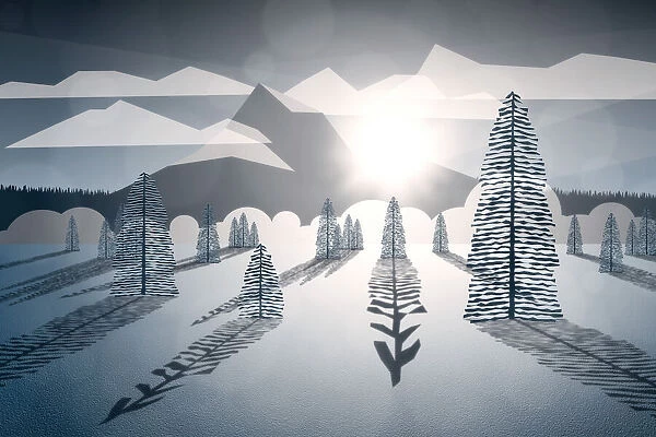 Snow Mountain Illustration with Sun Glare